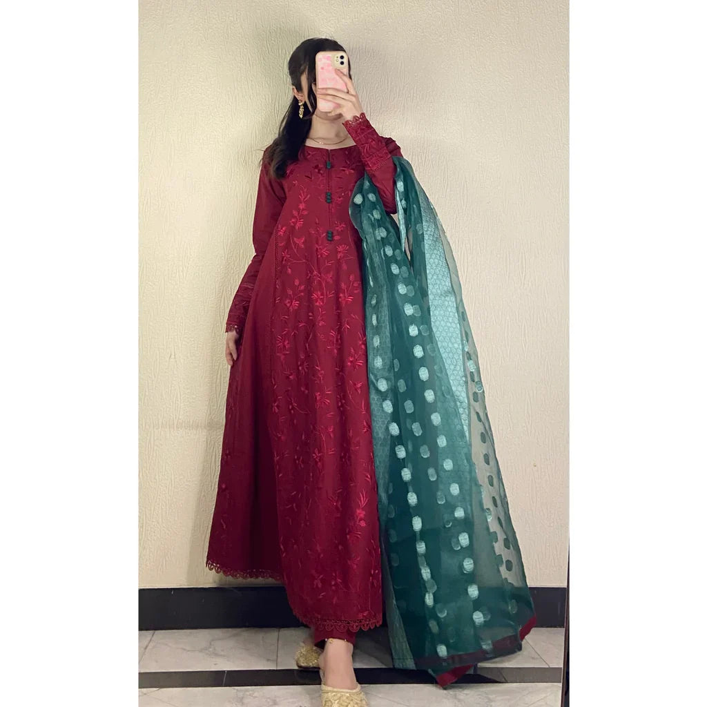 Maroon Embroidered Frock 3PC-2PC