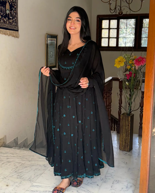 Stunning Black Chiffon Kalidar Suit With Sea Green Sequins Embroidery