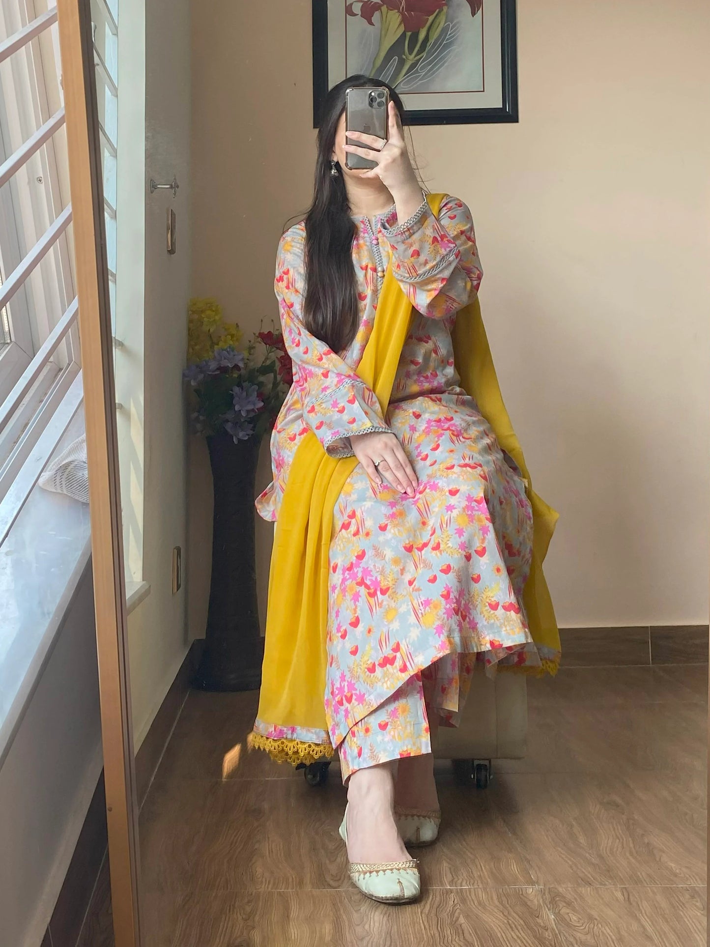 3 Piece - Lawn Printed Grey Mustard Dress