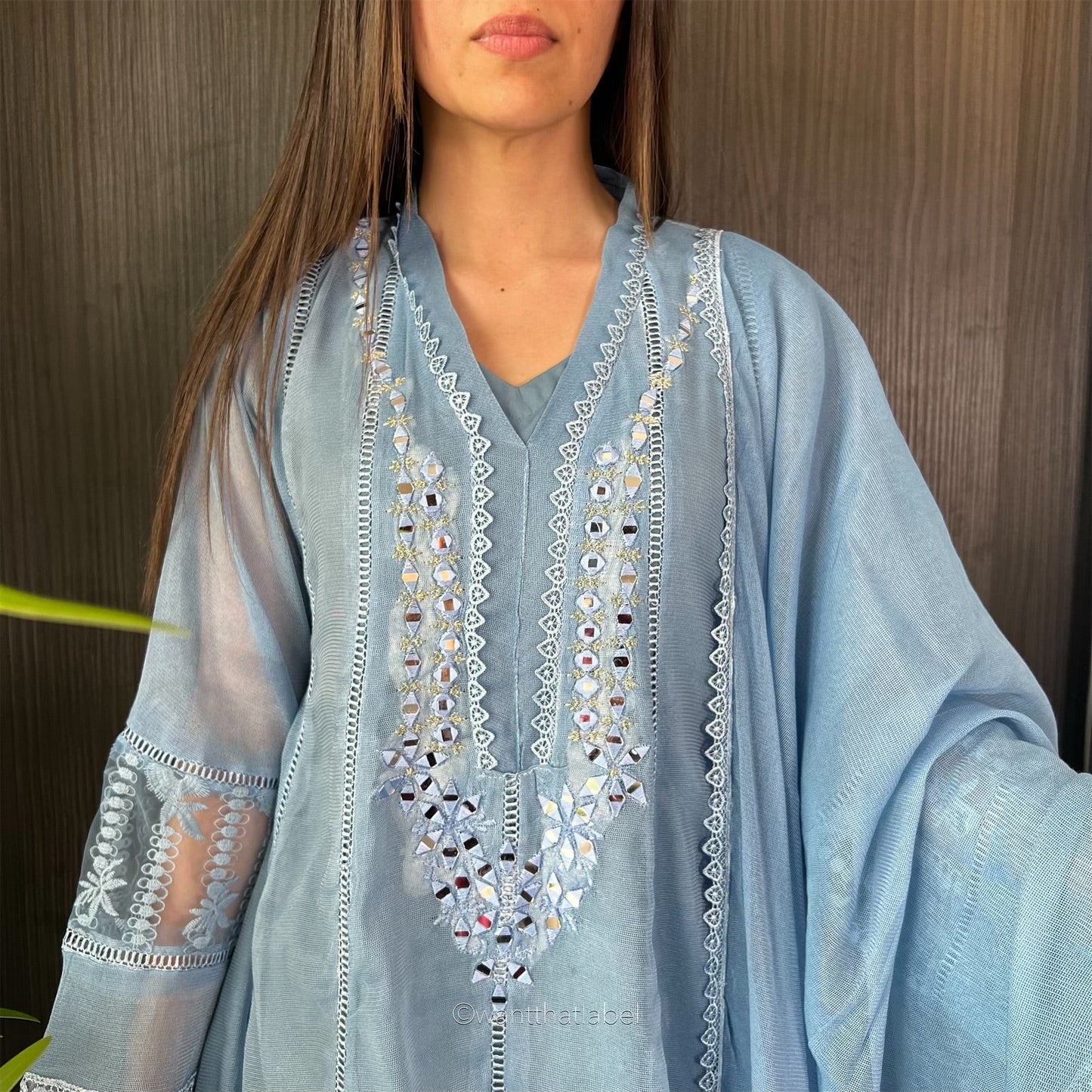 Fatimah Powder Blue Mirror Embroidered A-Line Dress Suit