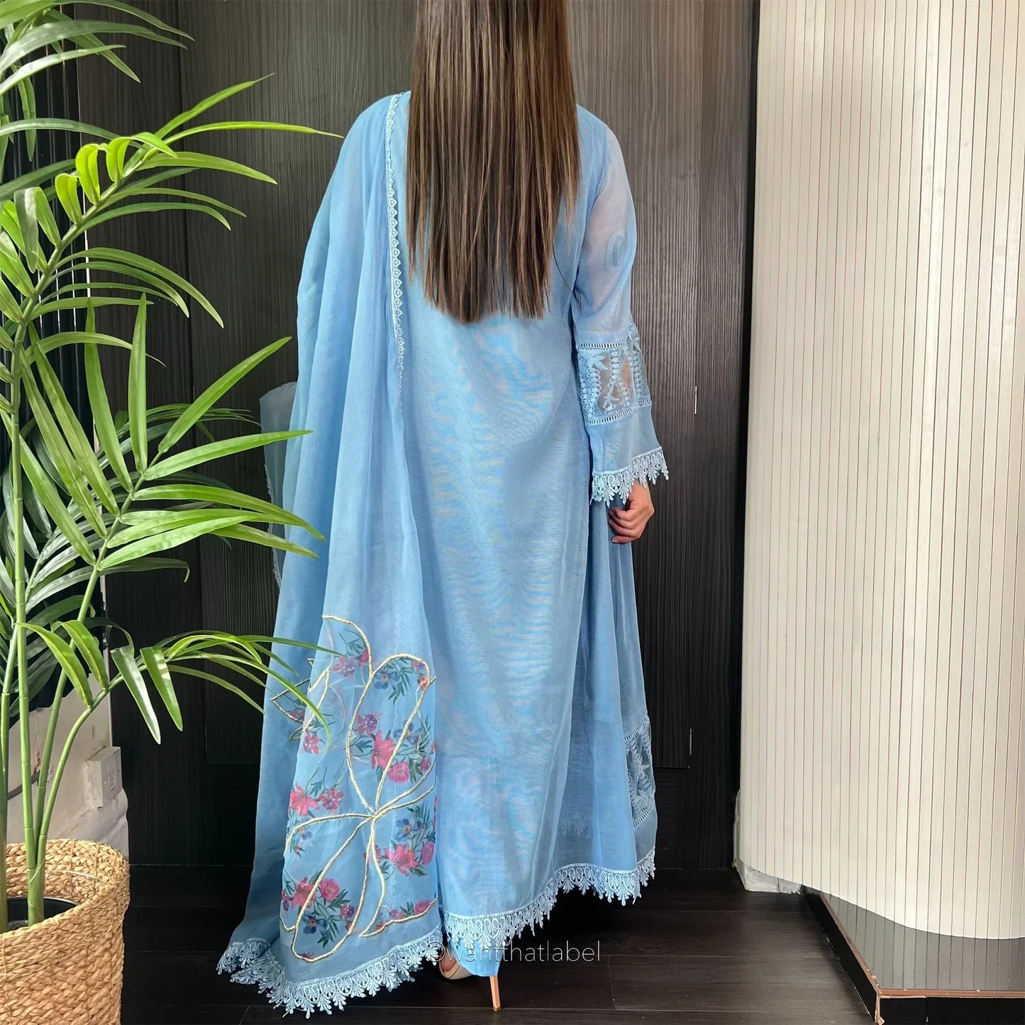 Fatimah Powder Blue Mirror Embroidered A-Line Dress Suit